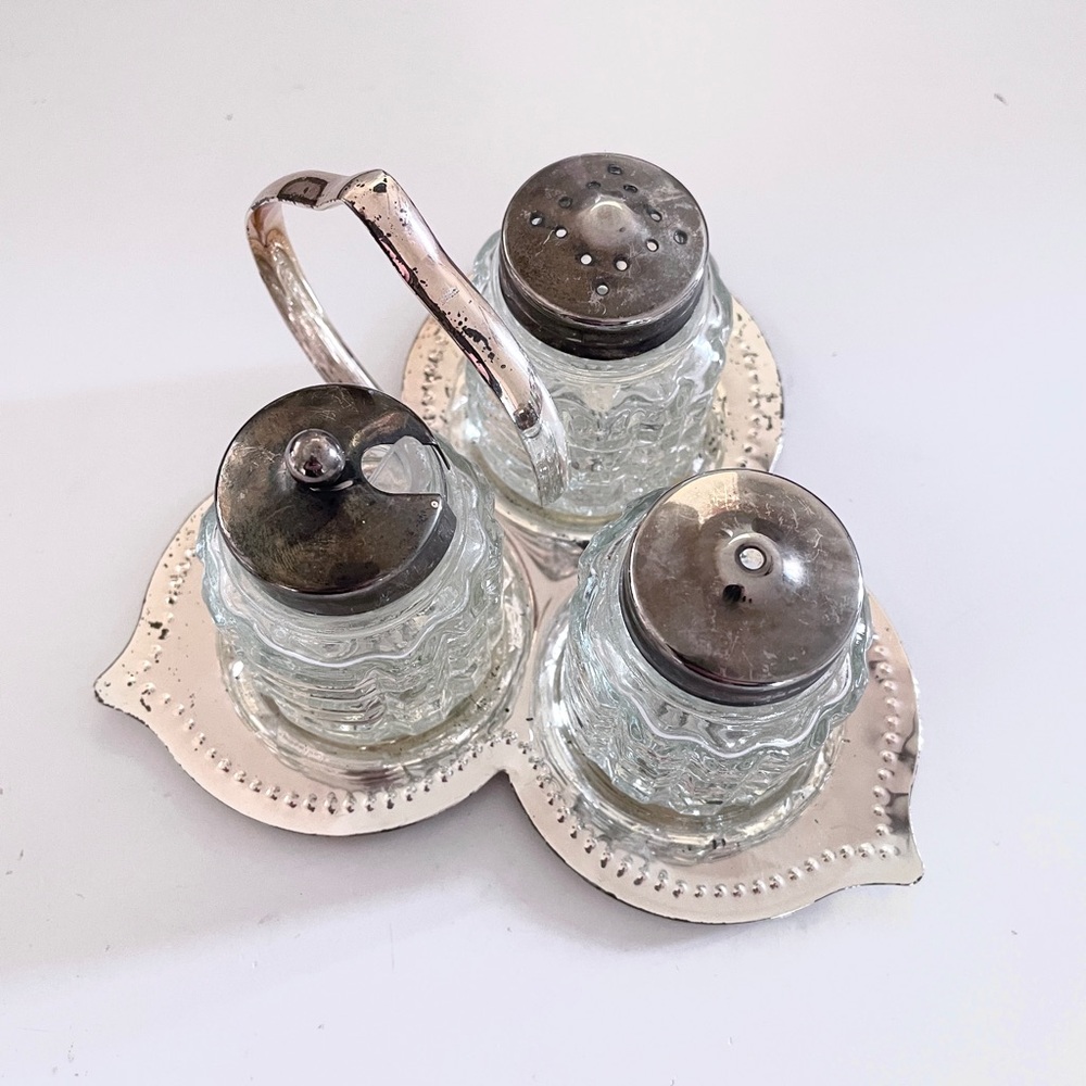 Vintage Silver Plated Glass Salt Pepper Mustard Condiment Cruet Set Caddy Tray